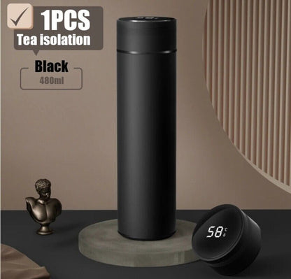 DESPRU Hydration Pro — matte black LED temperature thermos 500ml, lid face-up showing temperature display